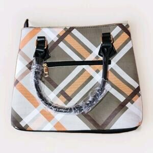 AR NEW York Black Purse Handbag Crossbody Grn Brn Wht And Orange Plaid Accents